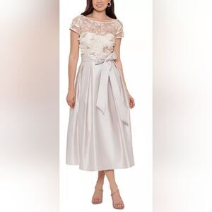 XSCAPE Embellished Lace-Trim Midi Dress NWT size 8P CHAMPAGNE IVORY